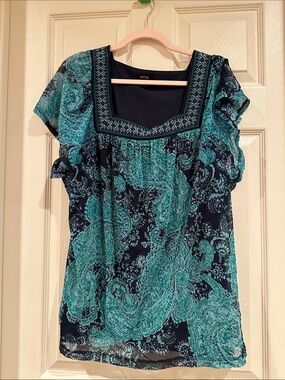 Apt. 9 Navy and Teal Paisley Square-Neck Flutter Sleeve Blouse